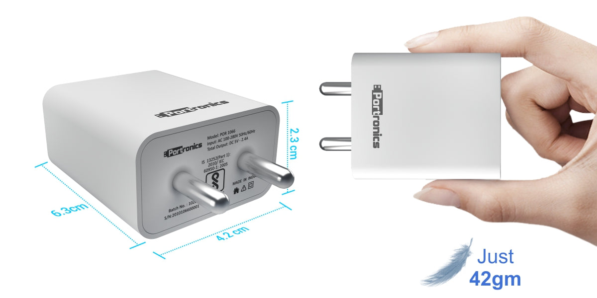 Portronics Adapto 66 POR-1066 2.4A Dual USB Ports Charging Adapter with 1M Micro USB Cable (White)