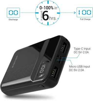 Portronics Indo 10D 10,000 mAh Power Bank Dual Input(Type C + Micro USB) and Dual Output with Display (Black)