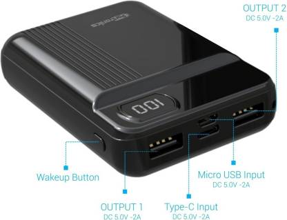 Portronics Indo 10D 10,000 mAh Power Bank Dual Input(Type C + Micro USB) and Dual Output with Display (Black)