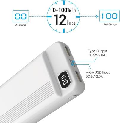 Portronics Indo 20D 20000mAh Power Bank with LED Digital Display & Dual Charging Options(White)