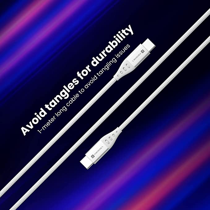 Portronics Konnect C1 60W PD Type C to Type C Unbreakable Data & Charging Cable, Nylon Braided with Metal Heads, 1M Length (White)