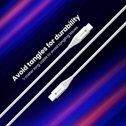 Portronics Konnect C1 60W PD Type C to Type C Unbreakable Data & Charging Cable, Nylon Braided with Metal Heads, 1M Length (White)