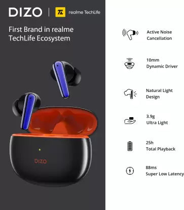 DIZO Buds Z Pro, with Active Noise Cancellation(ANC) (by realme Techlife) Bluetooth Earbuds(Orange, Black)