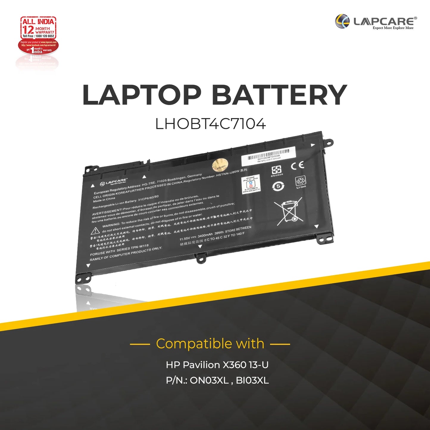 Lappy Power LAPCARE Battery ,3 Cell Laptop Battery Compatible with HP Pavilion X360 13-U (ON03XL)