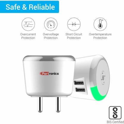 Portronics Adapto 464 Wall Charger With LED Indicator 2.4A Quick Charging Dual USB Port All iOS & Android Devices (White)