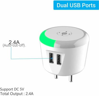 Portronics Adapto 464 Wall Charger With LED Indicator 2.4A Quick Charging Dual USB Port All iOS & Android Devices (White)