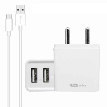 Portronics Adapto 646 POR-646, 3.1A Fast Charging Dual USB Port Wall Adapter with 1M Micro-USB Charging Cable (White)
