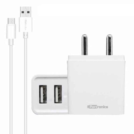 Portronics Adapto 646 POR-646, 3.1A Fast Charging Dual USB Port Wall Adapter with 1M Micro-USB Charging Cable (White)