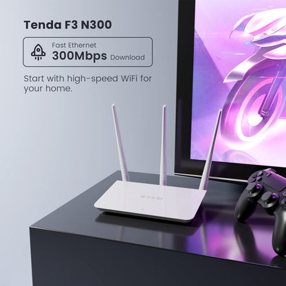 Tenda F3 N300 Wi-Fi Router, 300Mbps Speed, Easy Setup, WPS Button, Parental Control, Bandwidth Control, Wi-Fi Schedule, 3 x 5dBi External Antennas (White)