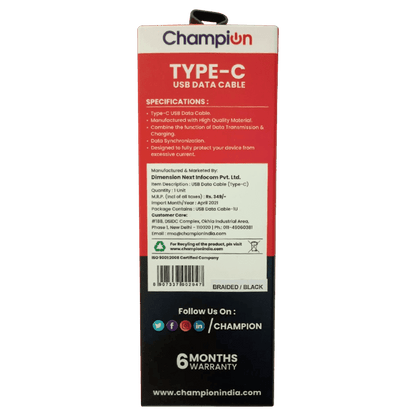 Champion USB to Type-C 2.4Amp Data Sync & Charging Cable Braided 1M for all Android & Type-C Devices (Red)