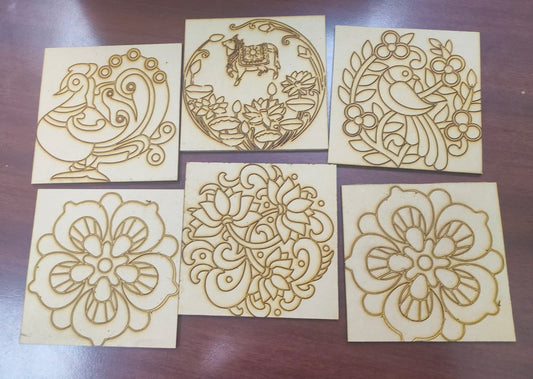 Pre Marked MDF Wooden Coaster For DIY Painting 3mm Thickness (10.1 x 10.1 )cm 4X4 Inch (Pack of 6) Floral Print