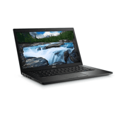 Refurbished Dell Latitude E7480 laptop at an angle with a scenic waterfall background on the screen.